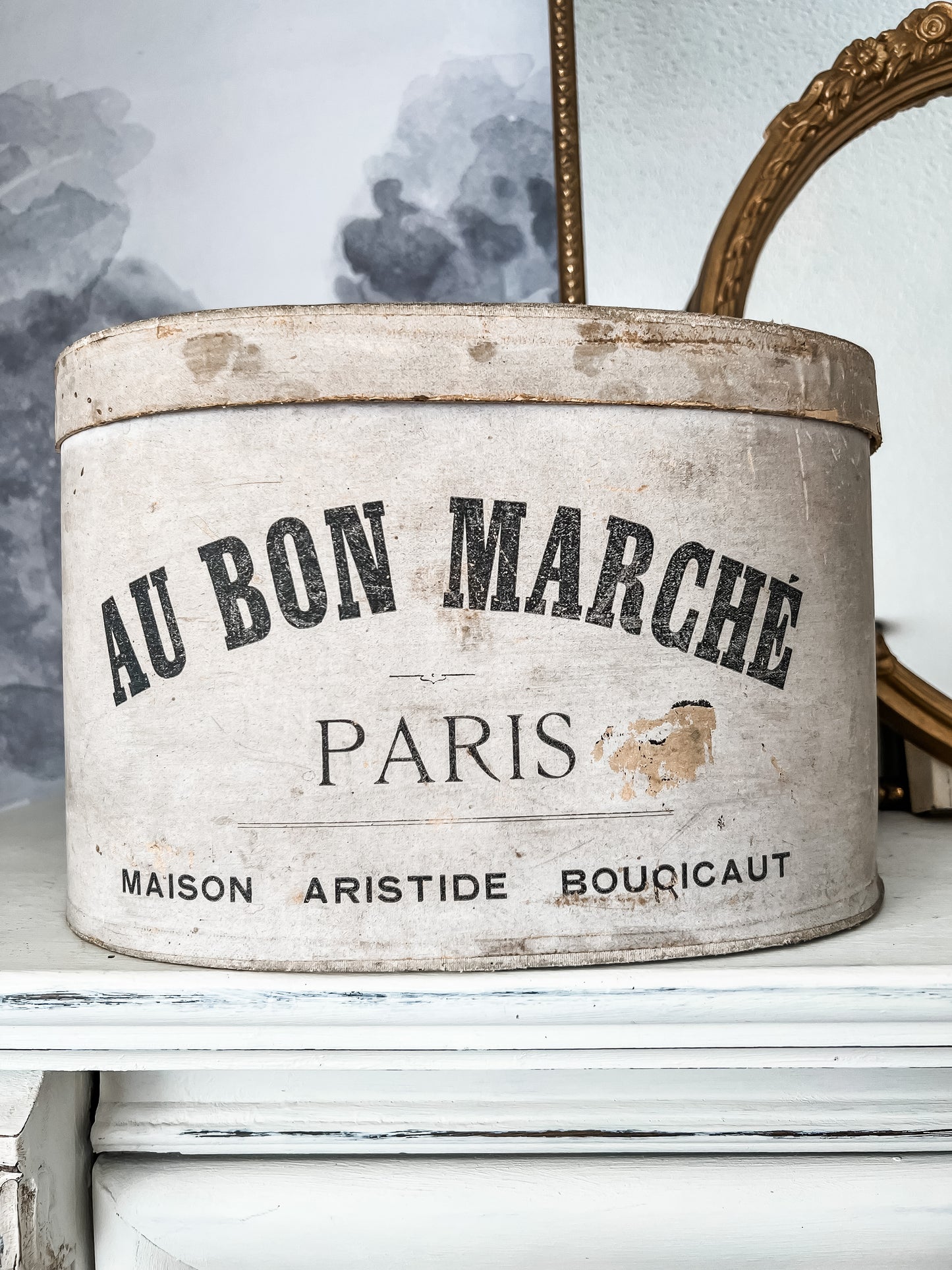 Antique French Bon Marche Parisian Hat Box w/ Top  Hat